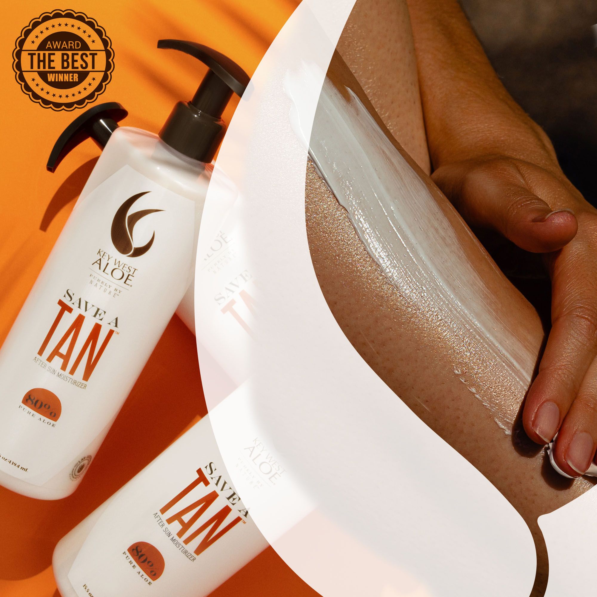 Two bottles of "Save A Tan" lotion are against an orange background. A hand applies lotion on a tan leg, highlighting moisturizing care. A stamp reads "Award Winner."
