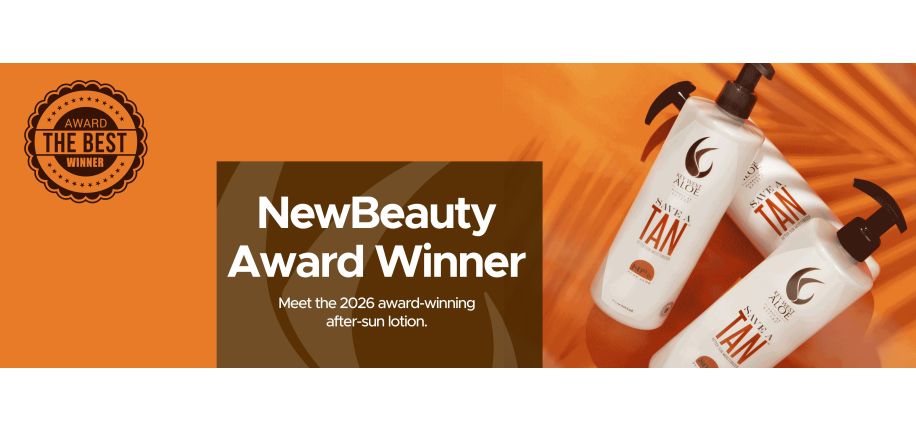 NewBeauty Award Winner banner featuring three bottles of after-sun lotion with an orange theme, promoting a 2026 award-winning product.