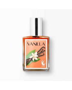 Clear glass bottle of vanilla fragrance with a silver cap, featuring an orange label with black text reading "VANILLA," a white flower, vanilla pods, and green leaves.