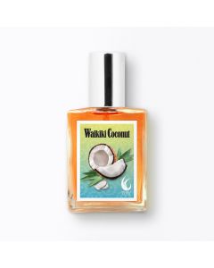 Clear glass bottle of Waikiki Coconut perfume with orange liquid, black text, and a sleek silver cap, evoking a tropical, summery vibe.