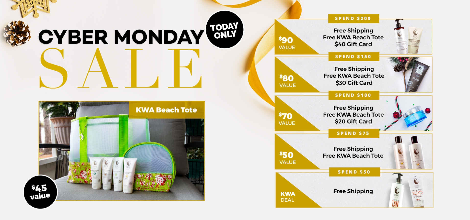 Spend $200 and get free shipping, a free beach towel and a free $40 gift card. Spend $150 and get free shipping, a free beach towel and a free $30 gift card. Spend $100 and get free shipping, a free beach towel and a free $20 gift card. Spend $75 and get free shipping, and free beach towel. Spend $50 and get free shipping.